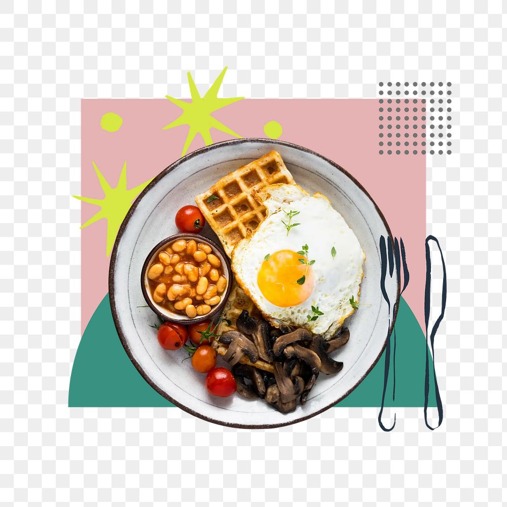 English breakfast png, food paper collage art, transparent background
