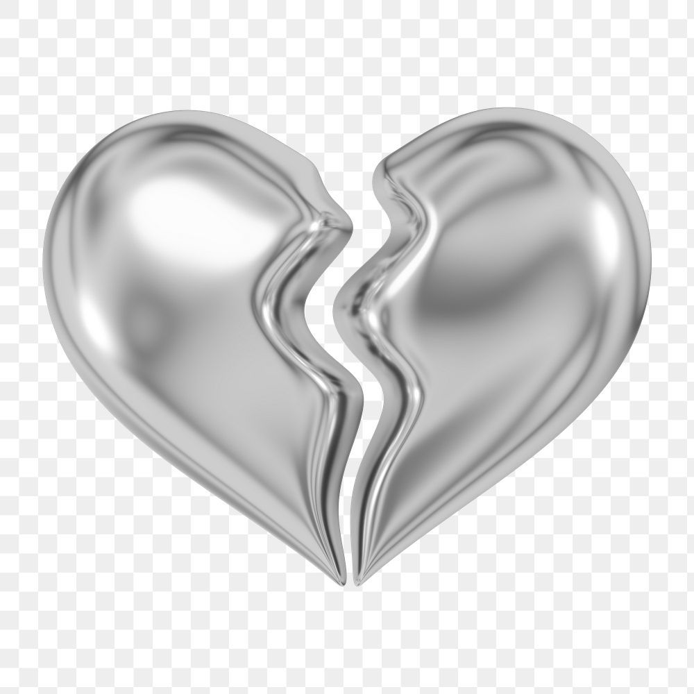 Silver broken heart png 3D element, transparent background