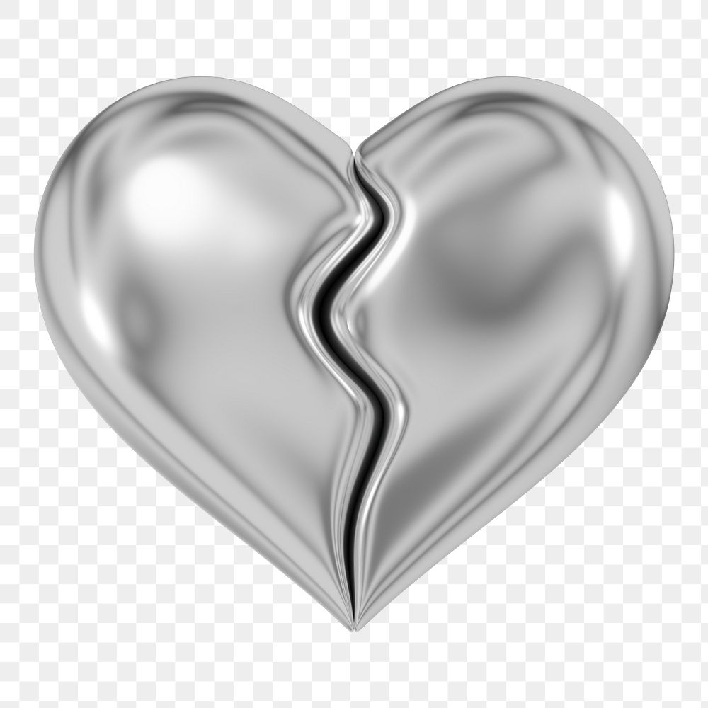 Silver broken heart png 3D element, transparent background