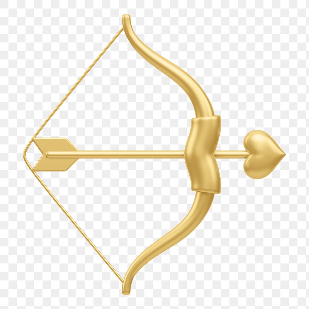 Gold Cupid arrow bow png 3D element, transparent background