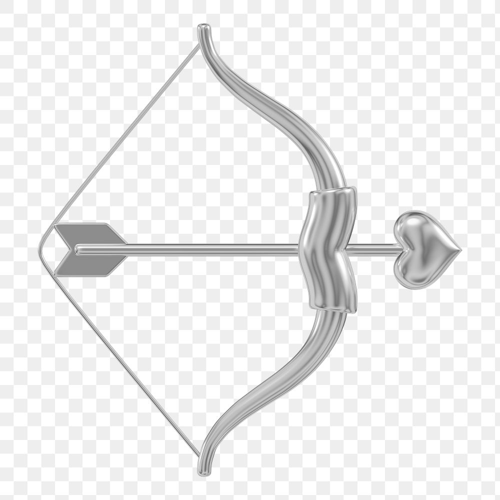 Silver Cupid arrow bow png 3D element, transparent background