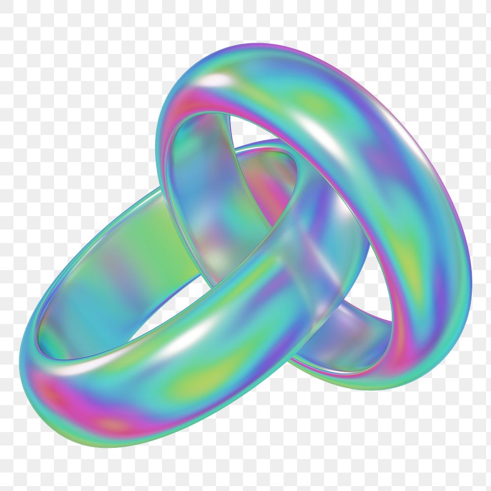 Iridescent  couple rings png 3D jewelry element, transparent background