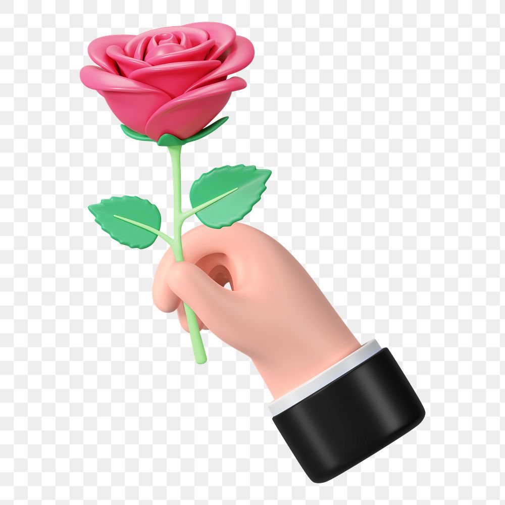 Hand holding rose png flower, 3D illustration, transparent background