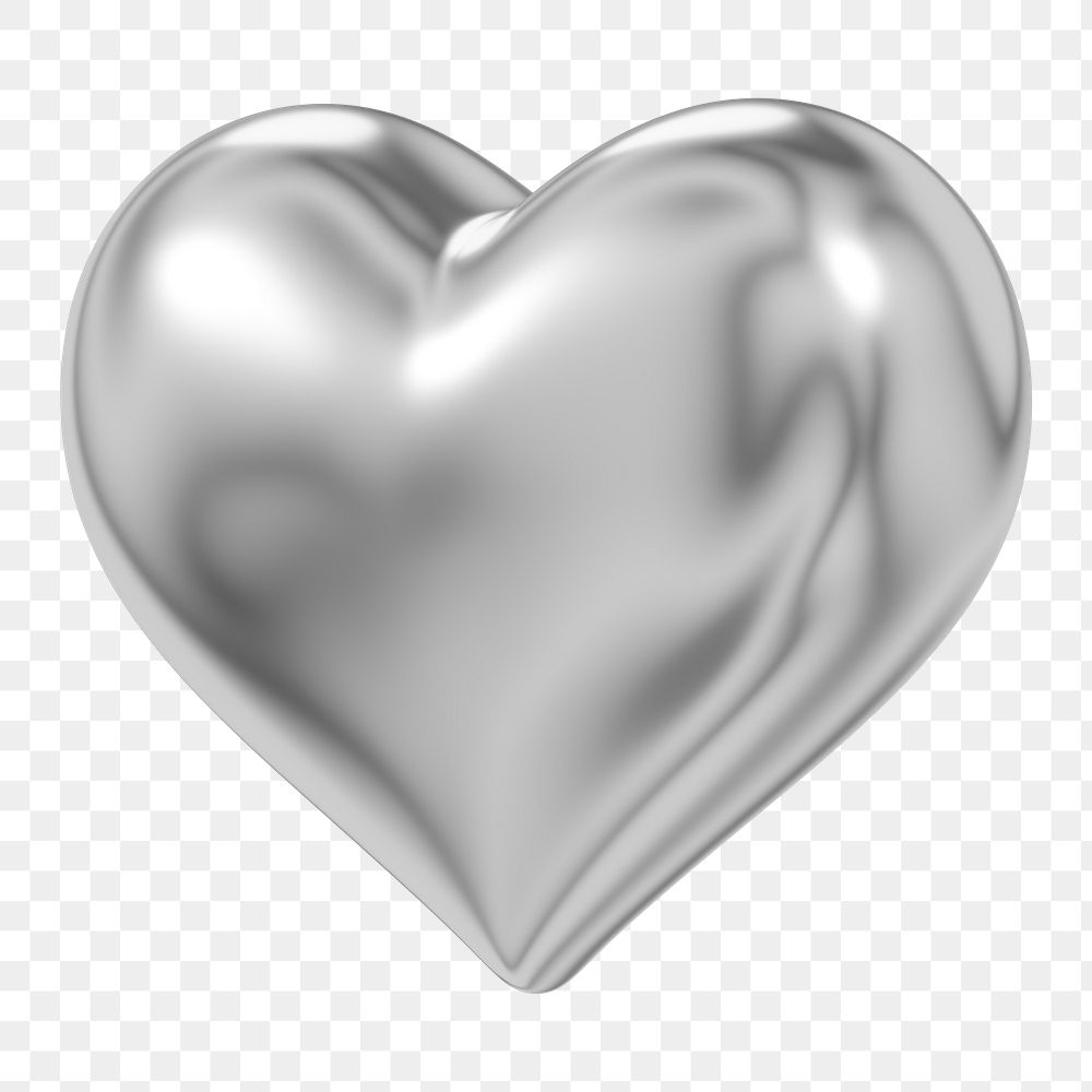 Metallic silver heart png 3D element, transparent background