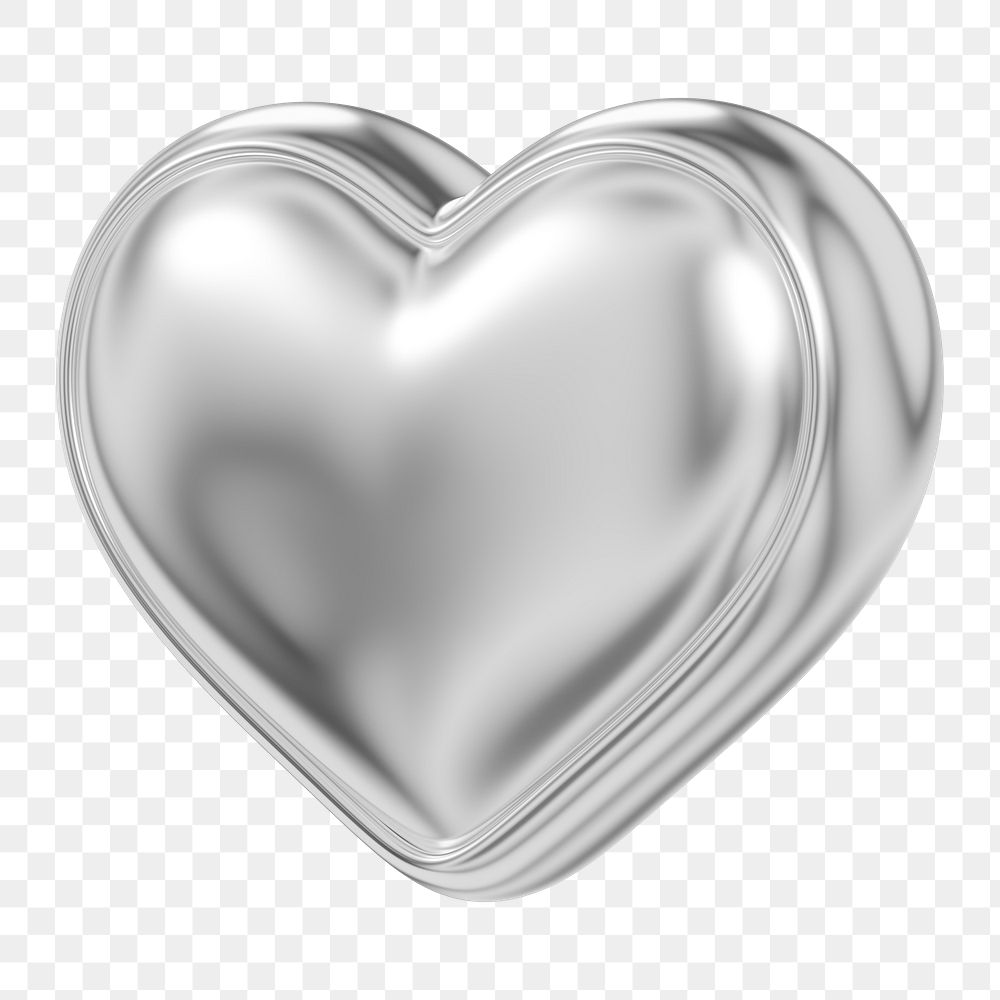 Metallic silver heart png 3D element, transparent background