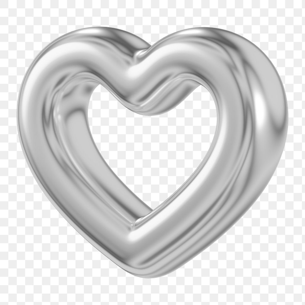 Metallic silver heart png 3D element, transparent background