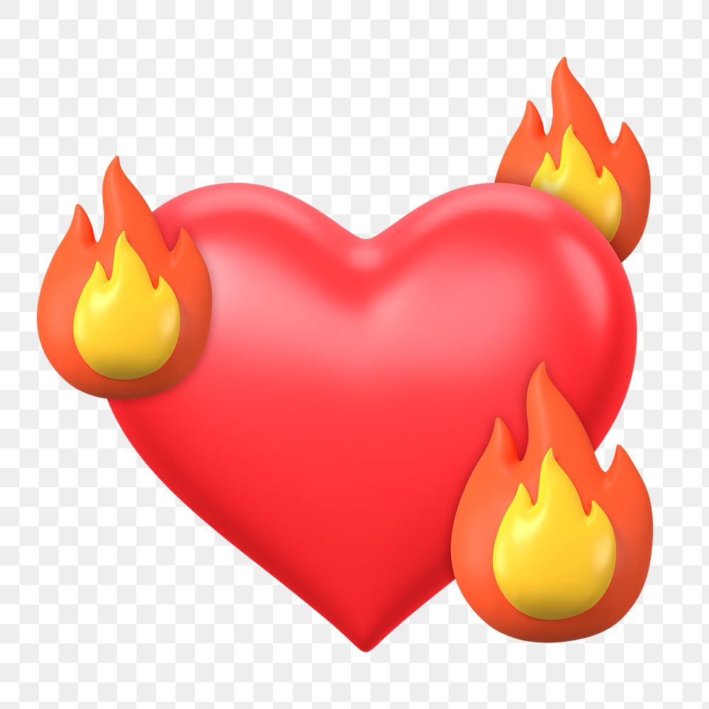 Red flaming heart png emoticon 3D element, transparent background