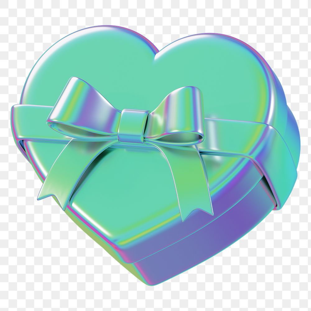 Iridescent heart box png, 3D Valentine's gift, transparent background