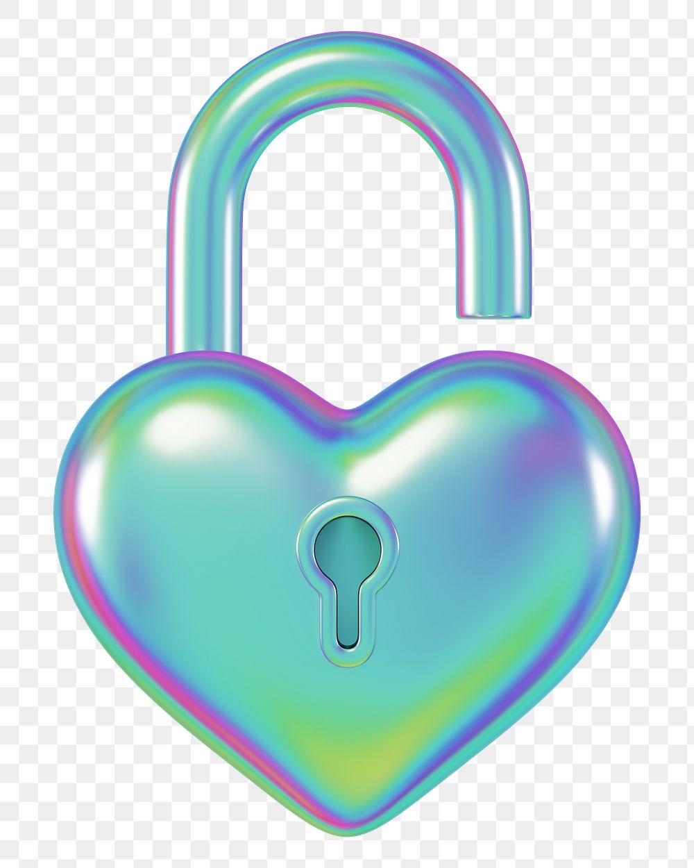 Holographic heart padlock png 3D element, transparent background