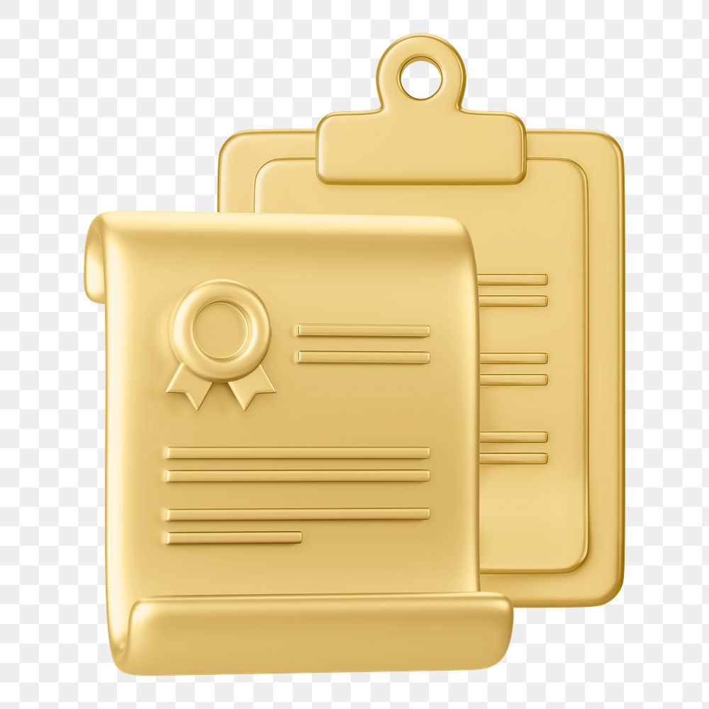 Gold certificate png 3D, transparent background