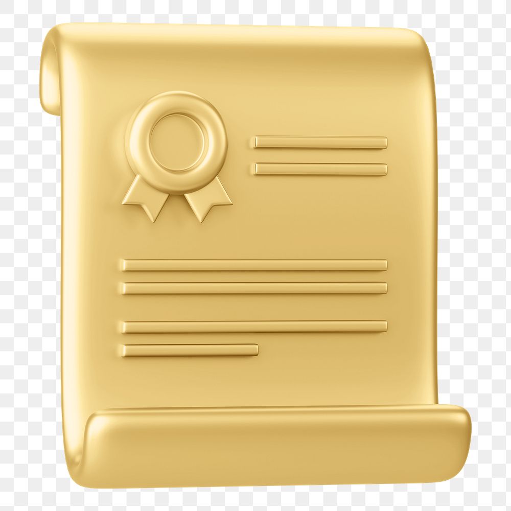 Gold certificate png 3D, transparent background