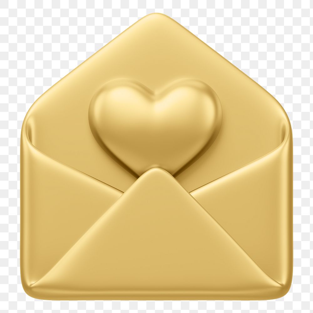 Golden love letter png, 3D Valentine's illustration, transparent background