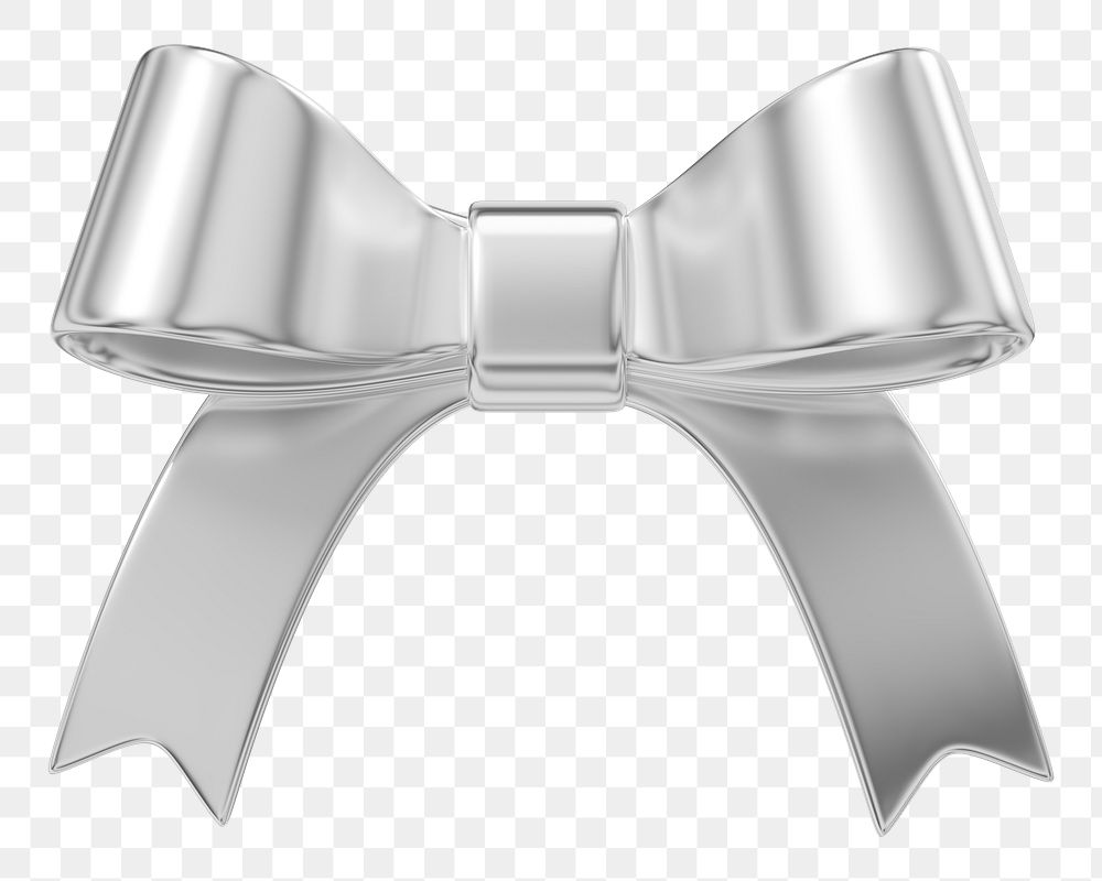 Silver ribbon bow png 3D element, transparent background