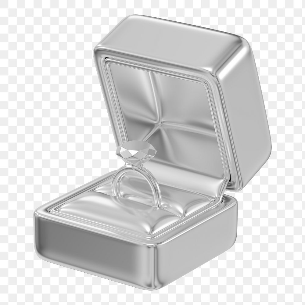Silver engagement ring box png 3D illustration, transparent background