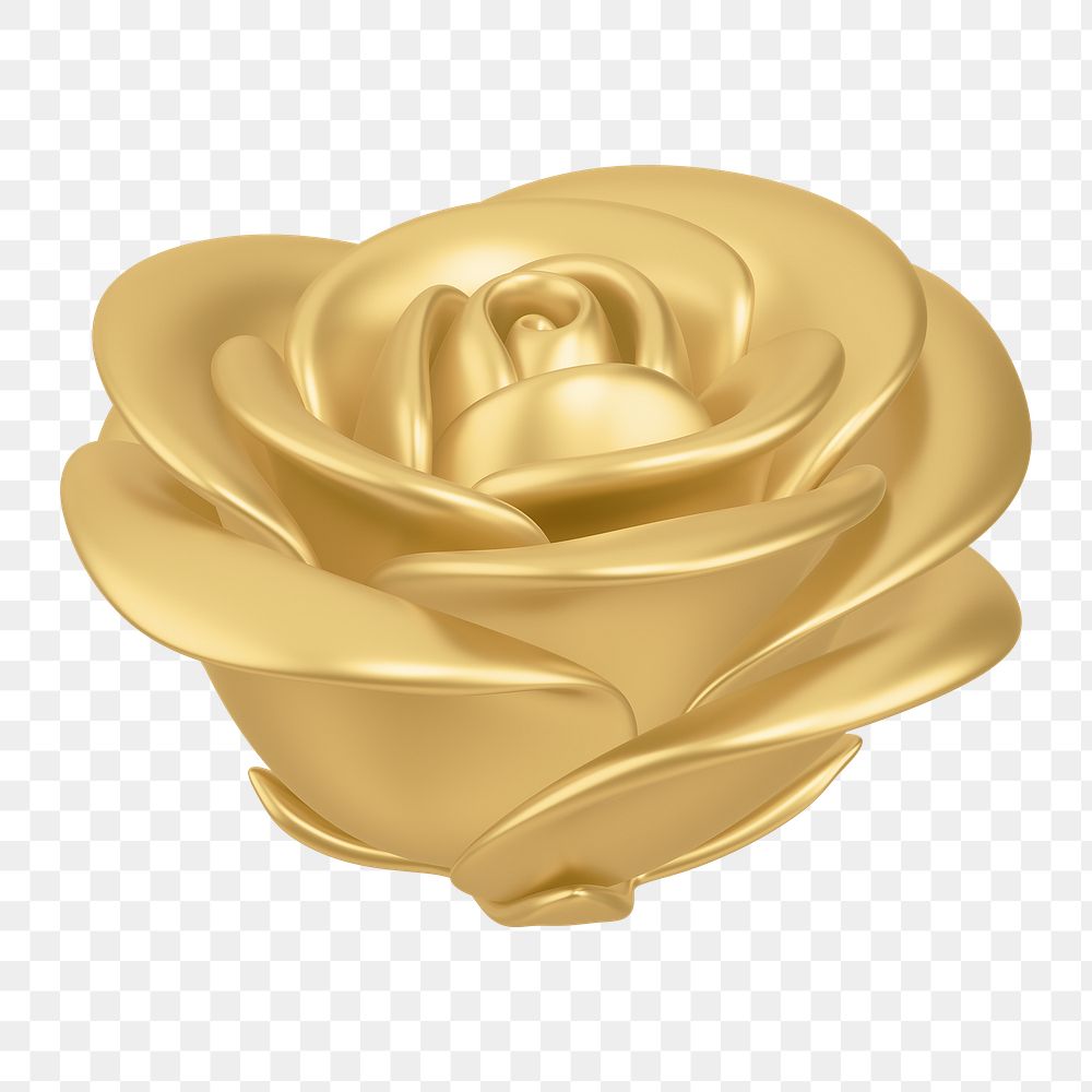 Golden rose png flower, 3D illustration, transparent background