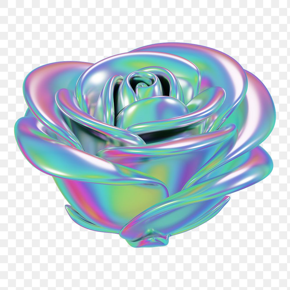 Blue metallic rose png flower, 3D illustration, transparent background