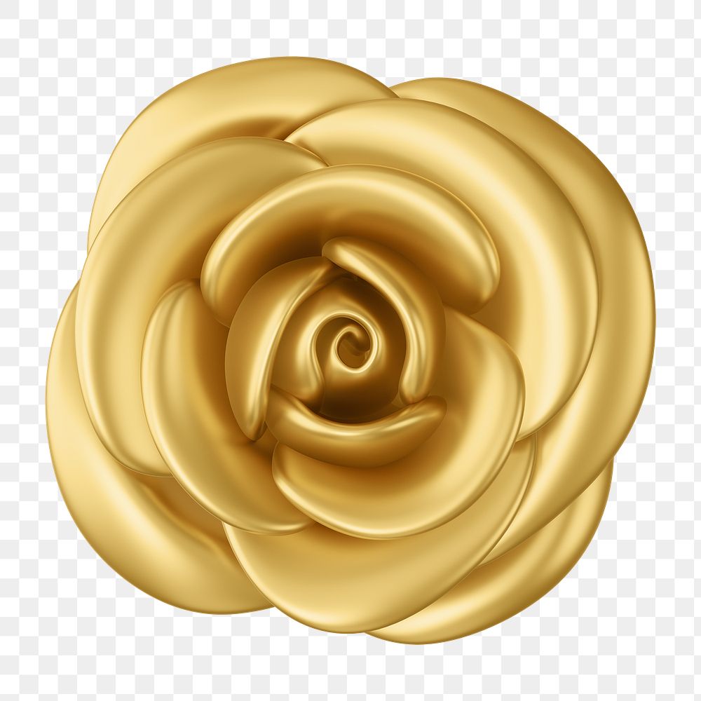 Golden rose png flower, 3D illustration, transparent background