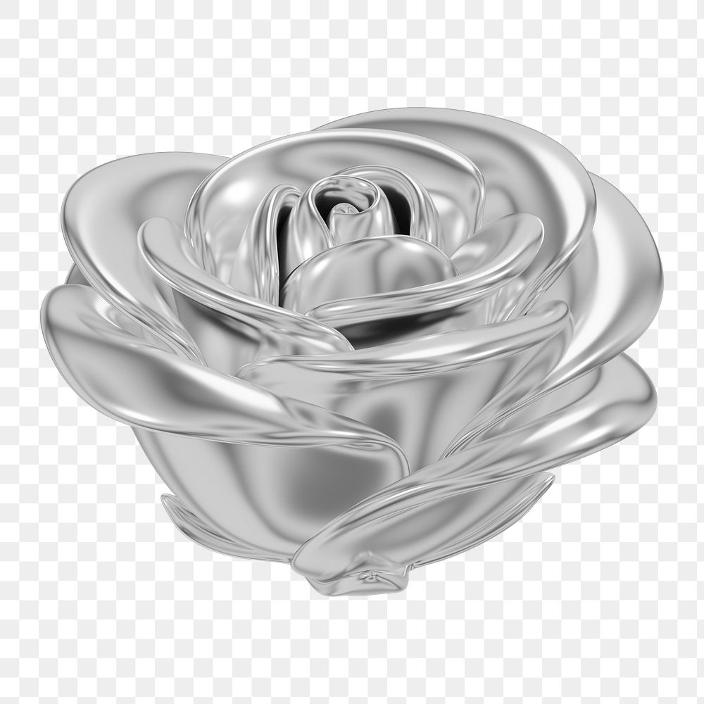 Silver metallic rose png flower, 3D illustration, transparent background