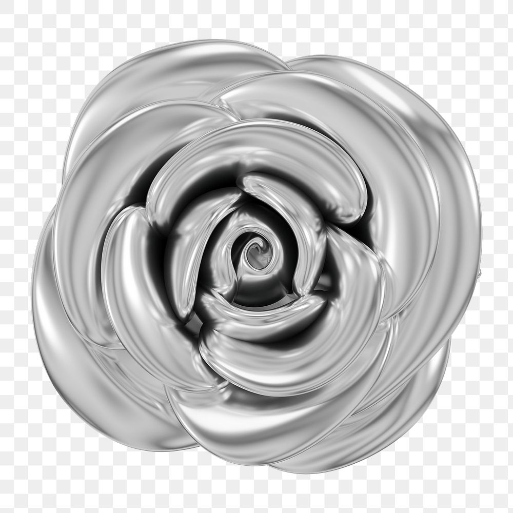 Silver metallic rose png flower, 3D illustration, transparent background