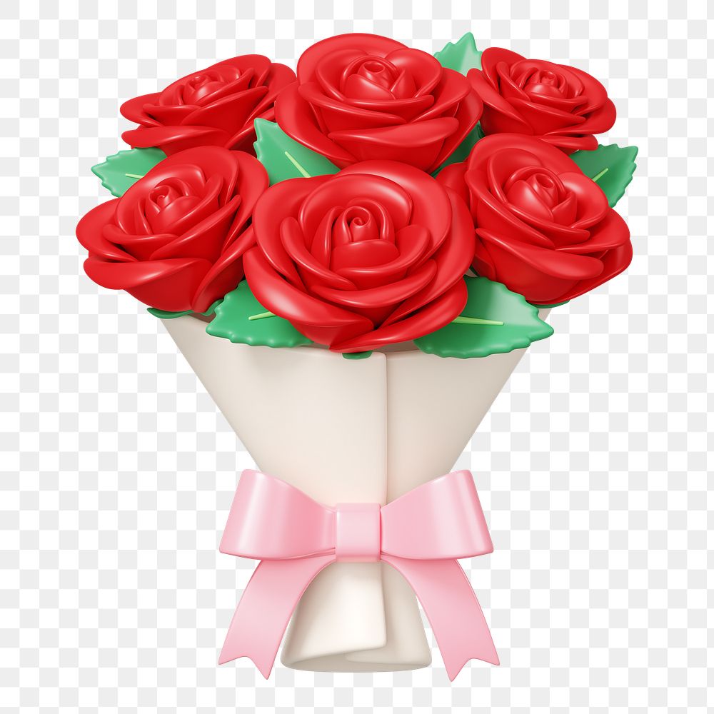 Red rose flower png bouquet, 3D illustration, transparent background