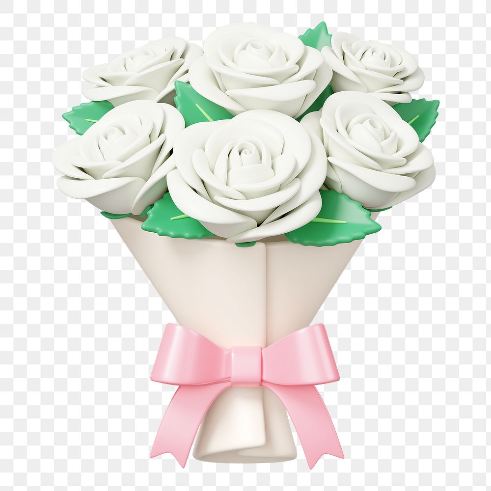 White rose flower png bouquet, 3D illustration, transparent background