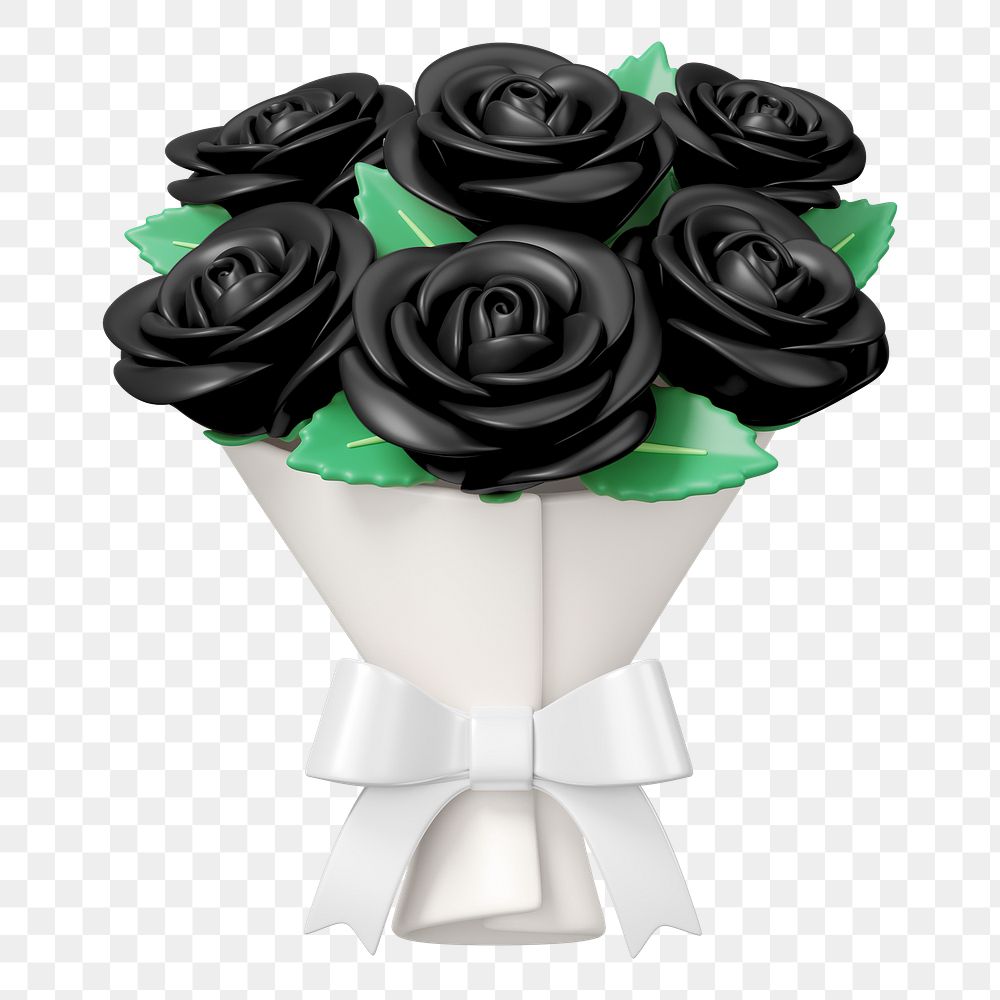 Black rose flower png bouquet, 3D illustration, transparent background