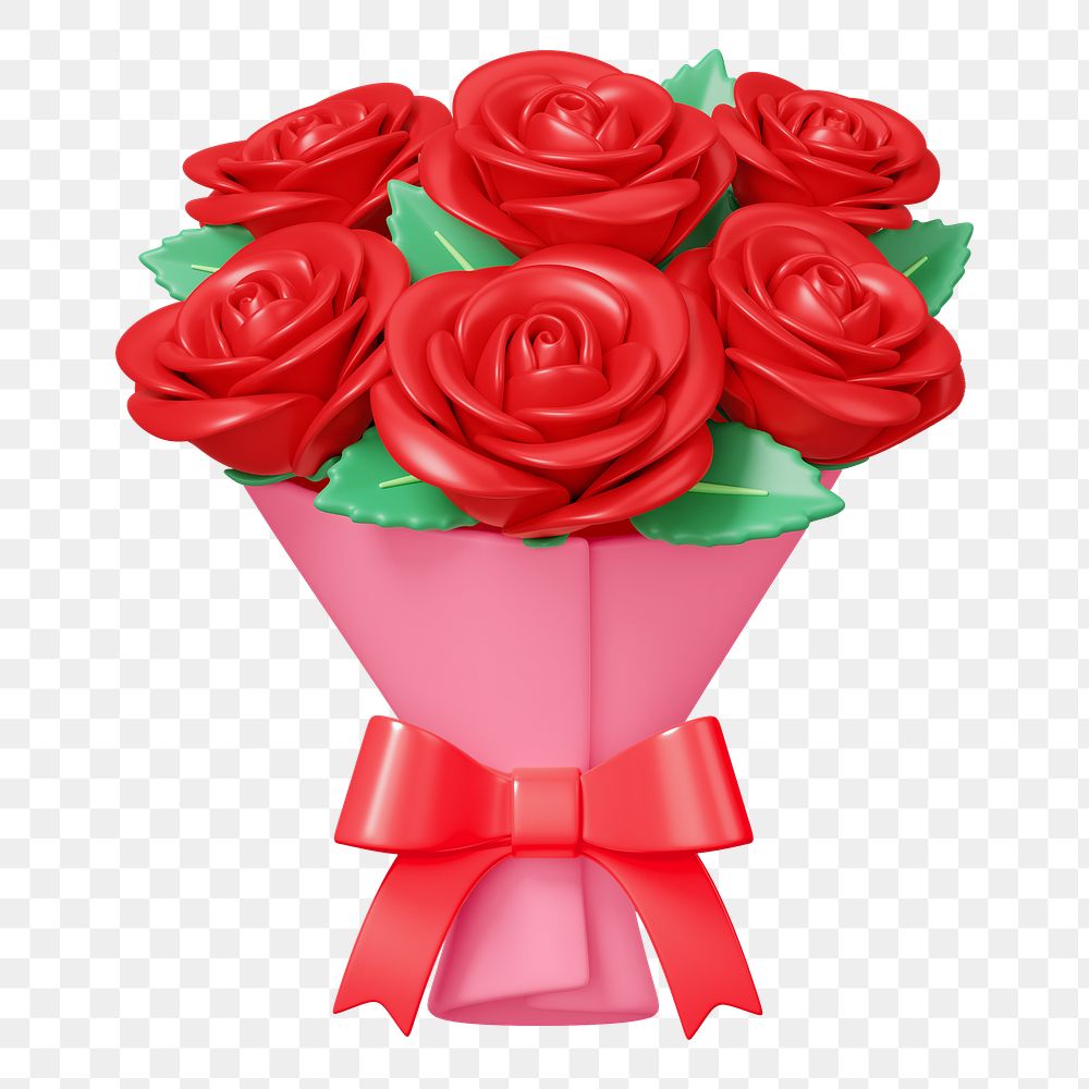 Red rose flower png bouquet, 3D illustration, transparent background