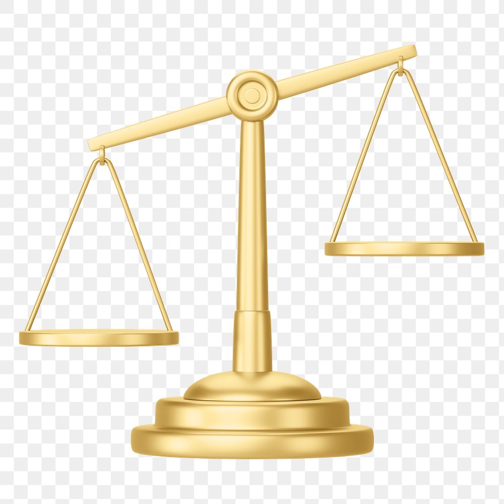 Gold justice scale png 3D element, transparent background