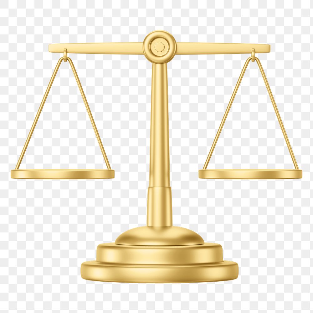 Gold justice scale png 3D element, transparent background