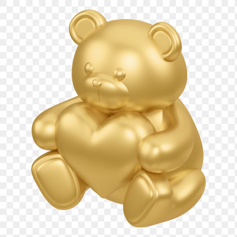 Golden teddy bear png holding heart, 3D illustration on transparent background