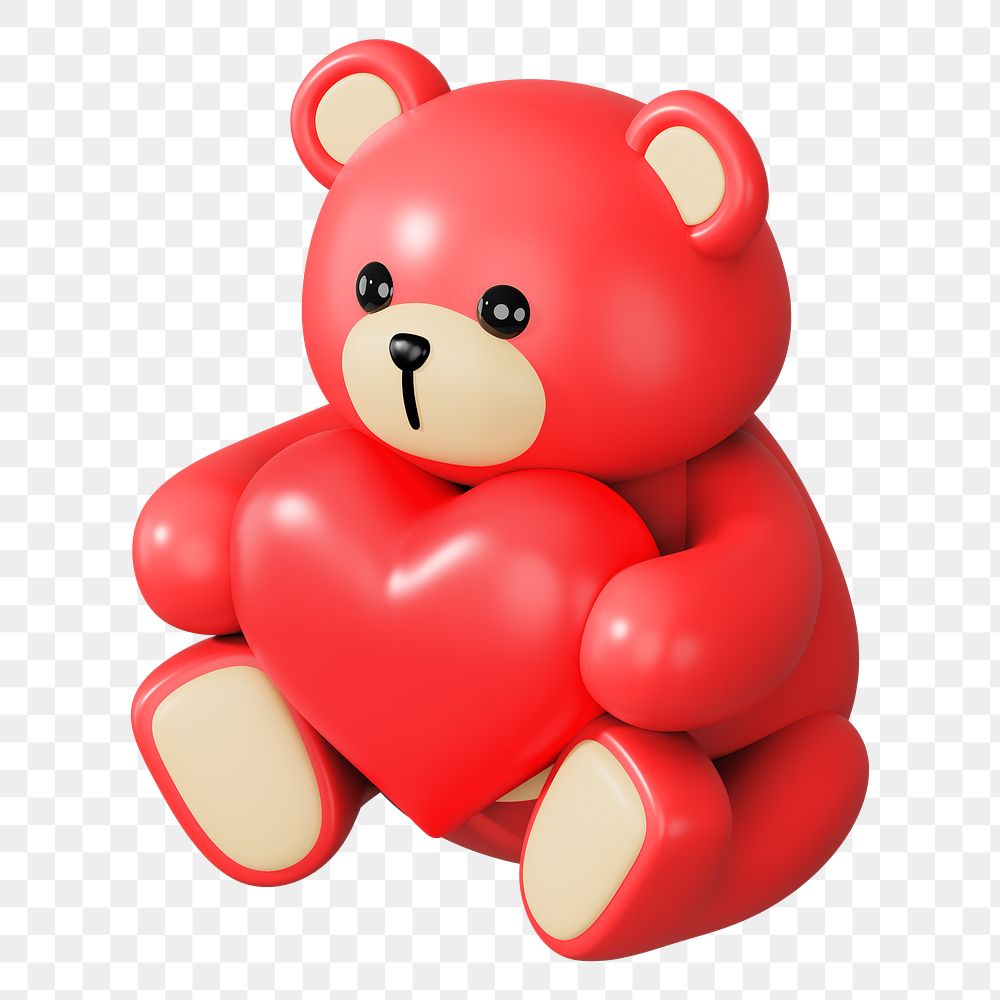 Red teddy bear png holding heart, 3D illustration on transparent background