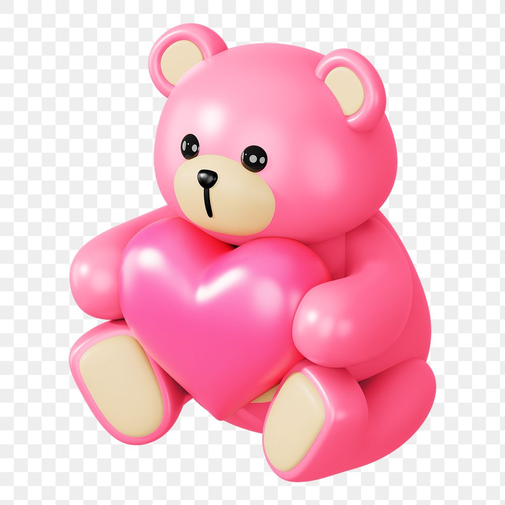 Pink teddy bear png holding heart, 3D illustration on transparent background