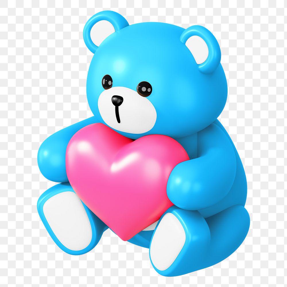 Blue teddy bear png holding heart, 3D illustration on transparent background