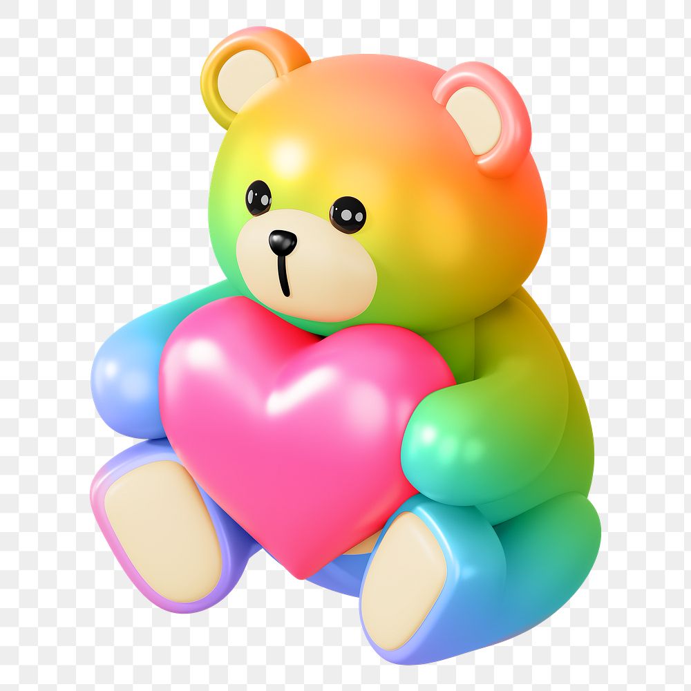 Rainbow teddy bear png holding heart, 3D illustration on transparent background
