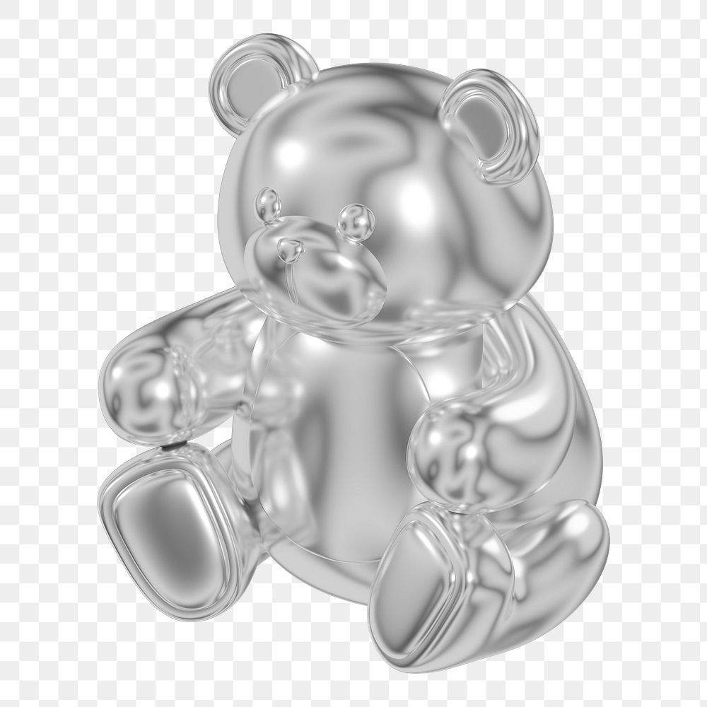 Silver teddy bear png, 3D illustration on transparent background