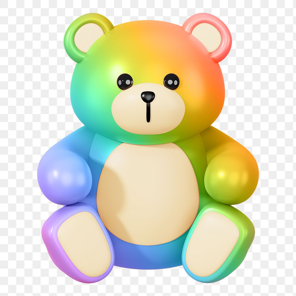 Rainbow teddy bear png, 3D illustration on transparent background