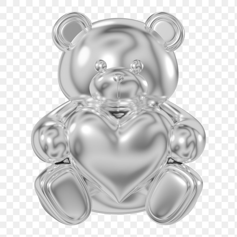 Silver teddy bear png holding heart, 3D illustration on transparent background