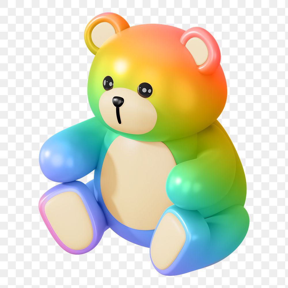 Rainbow teddy bear png, 3D illustration on transparent background