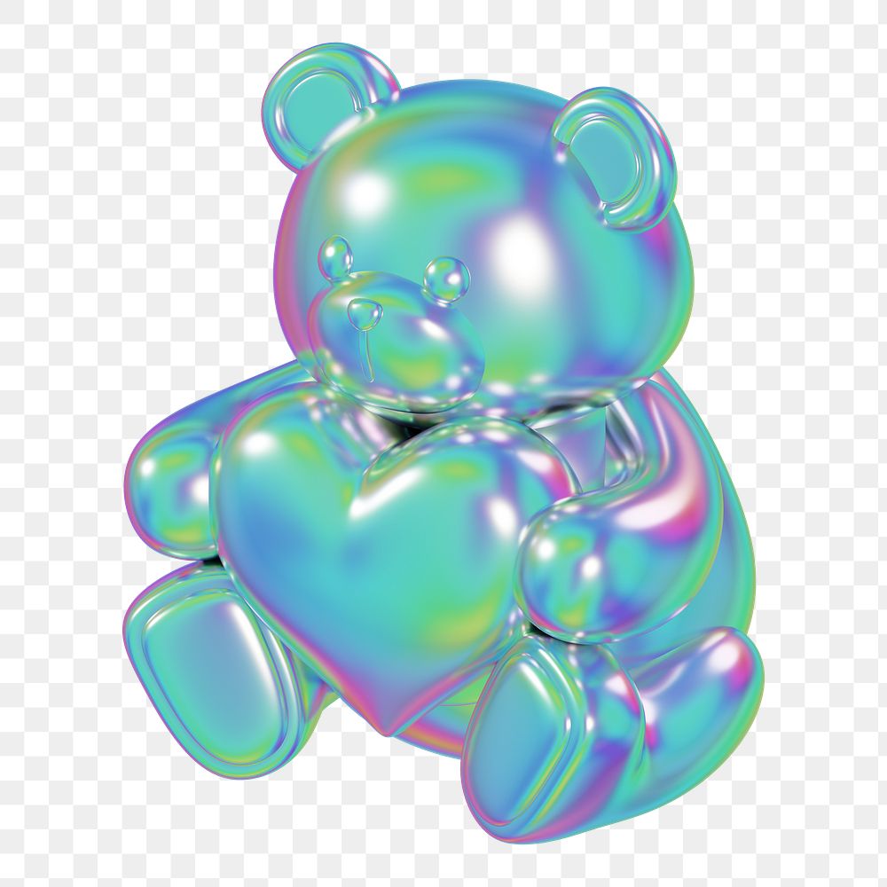 Metallic teddy bear png holding heart, 3D illustration on transparent background