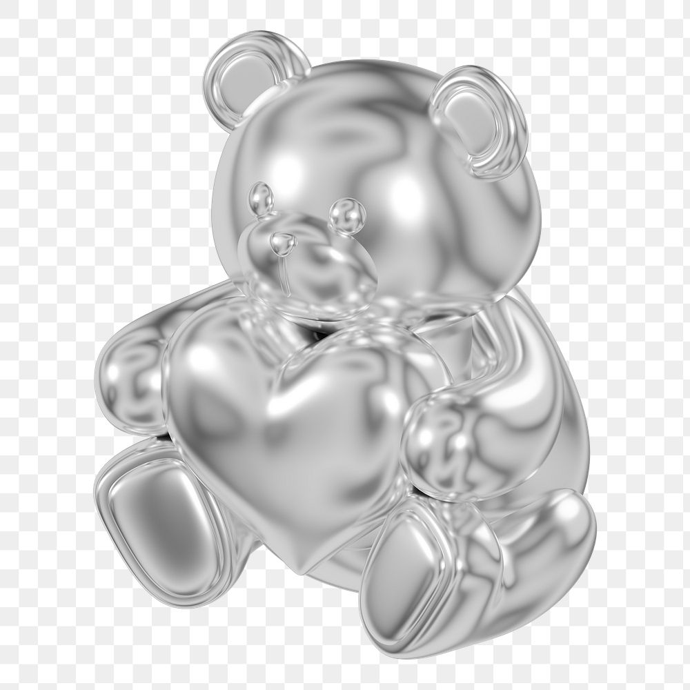 Silver teddy bear png holding heart, 3D illustration on transparent background