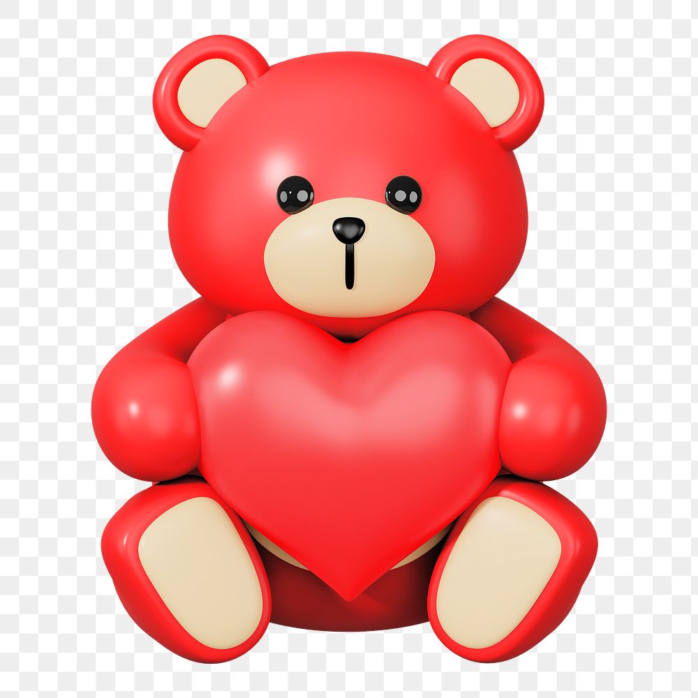 Red teddy bear png holding heart, 3D illustration on transparent background