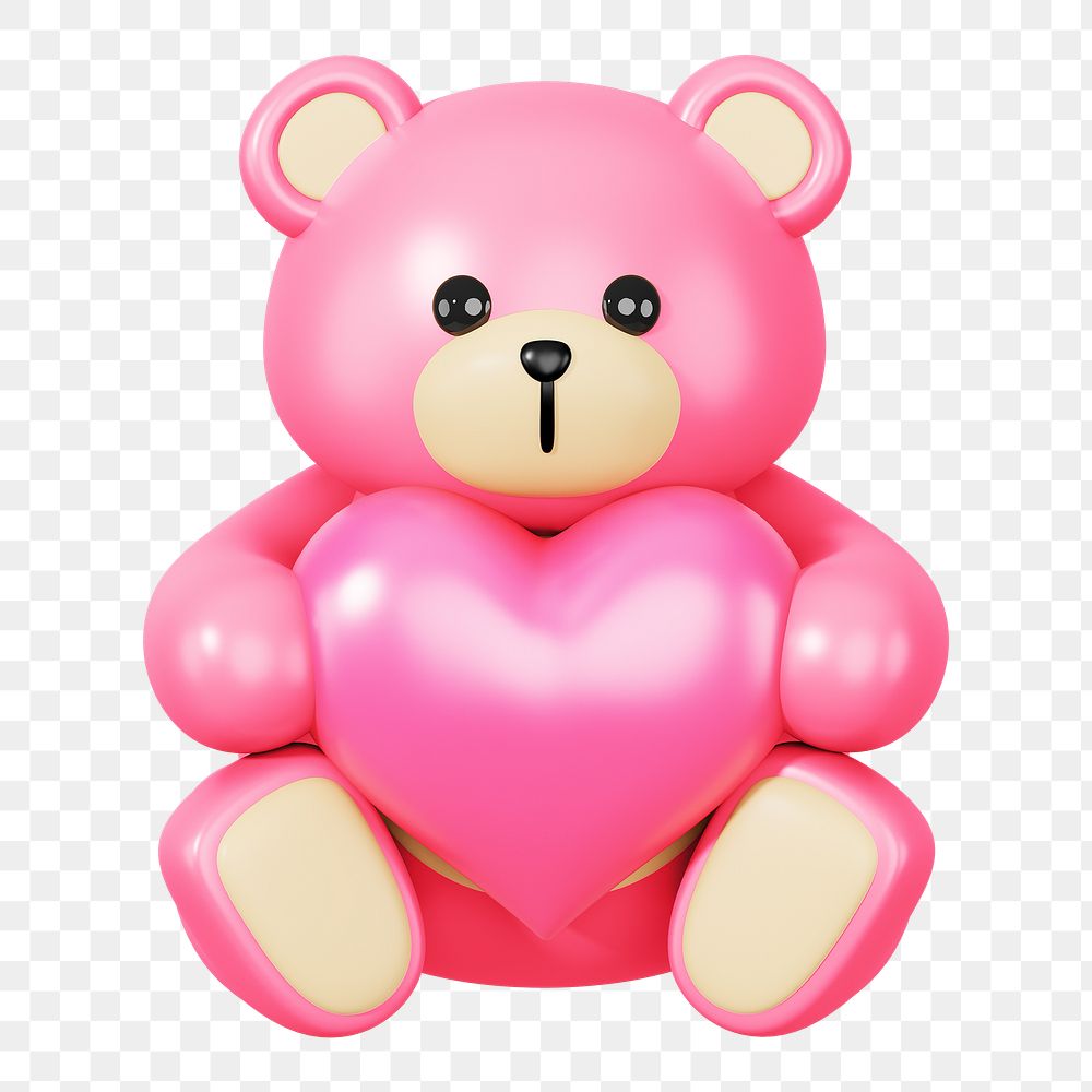 Pink teddy bear png holding heart, 3D illustration on transparent background