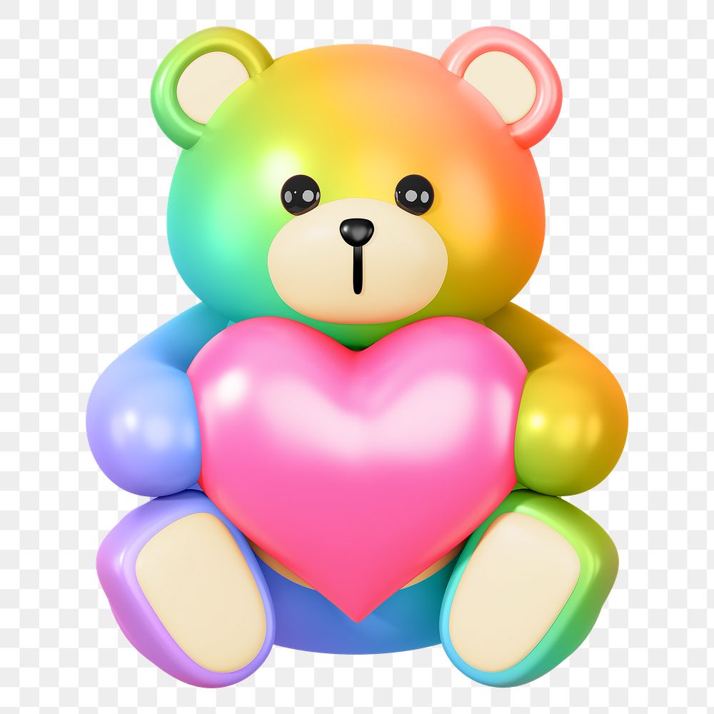 Rainbow teddy bear png holding heart, 3D illustration on transparent background