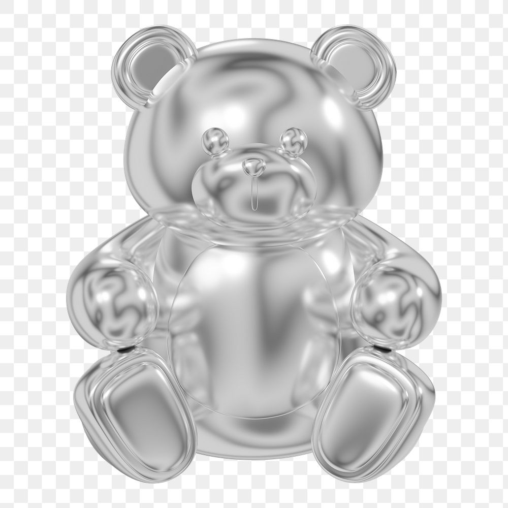 Silver teddy bear png, 3D illustration on transparent background