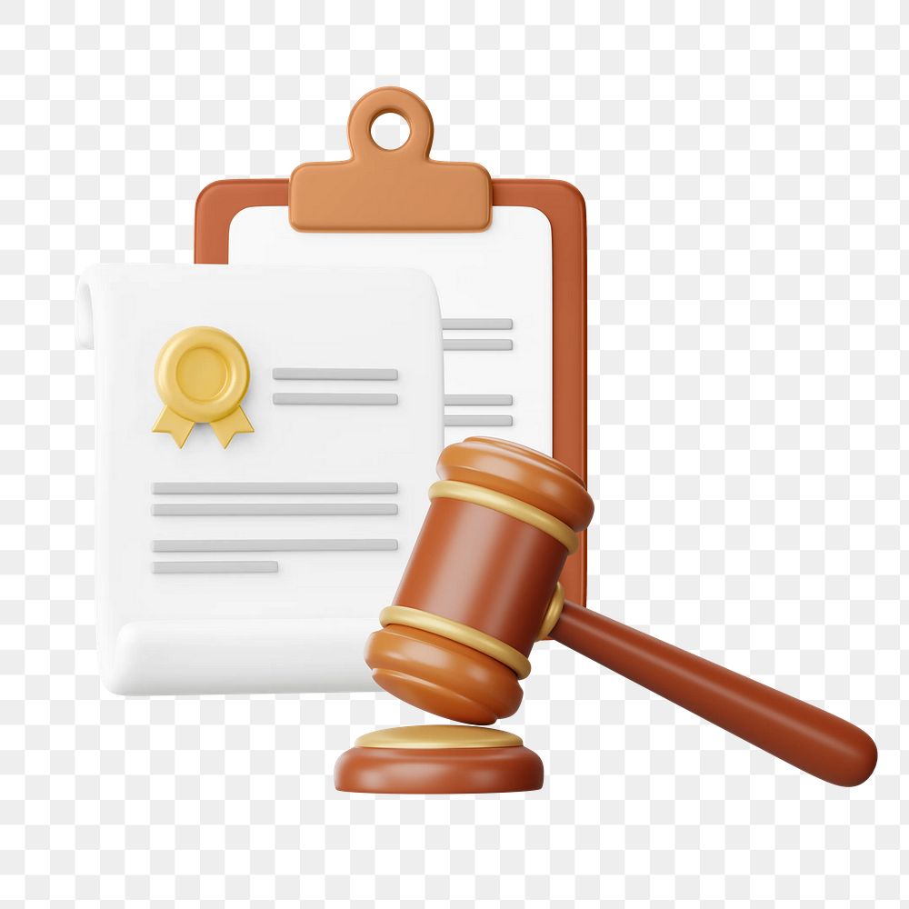 Court order png, judge gavel and document, 3D law remix, transparent background