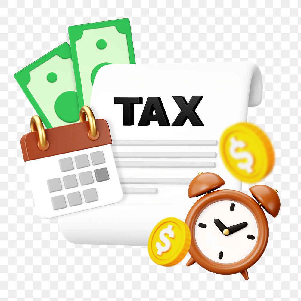 3D tax filing png, clock and paper, finance remix, transparent background