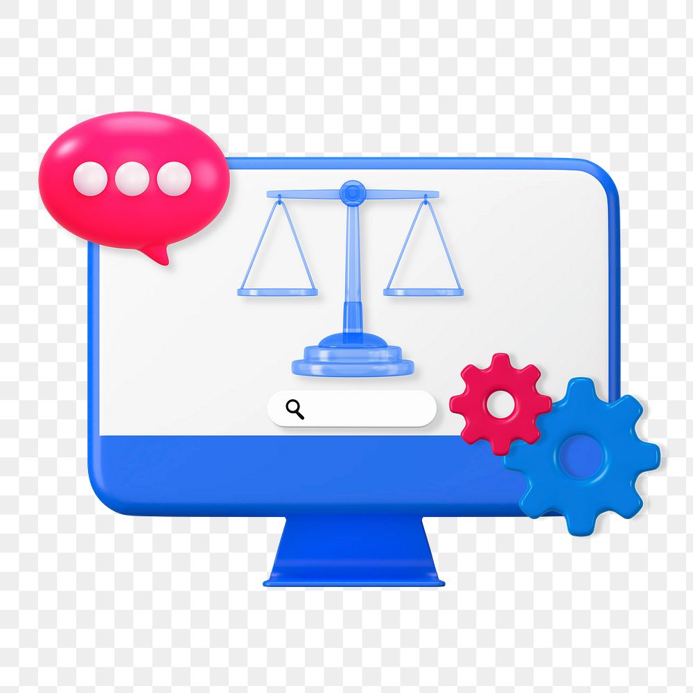 Online law firm png, 3D justice scale & computer remix, transparent background