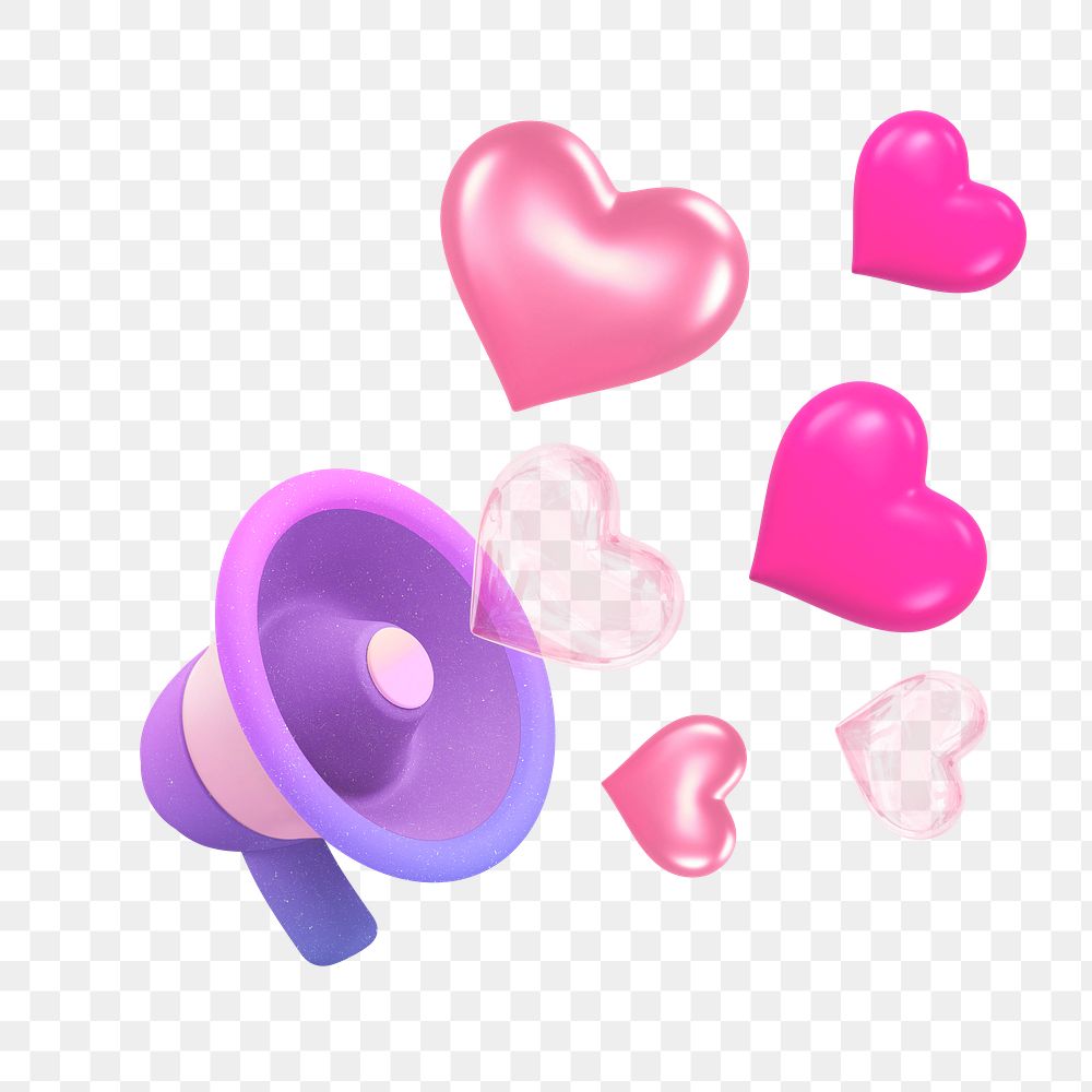 Megaphone hearts png 3D element, transparent background