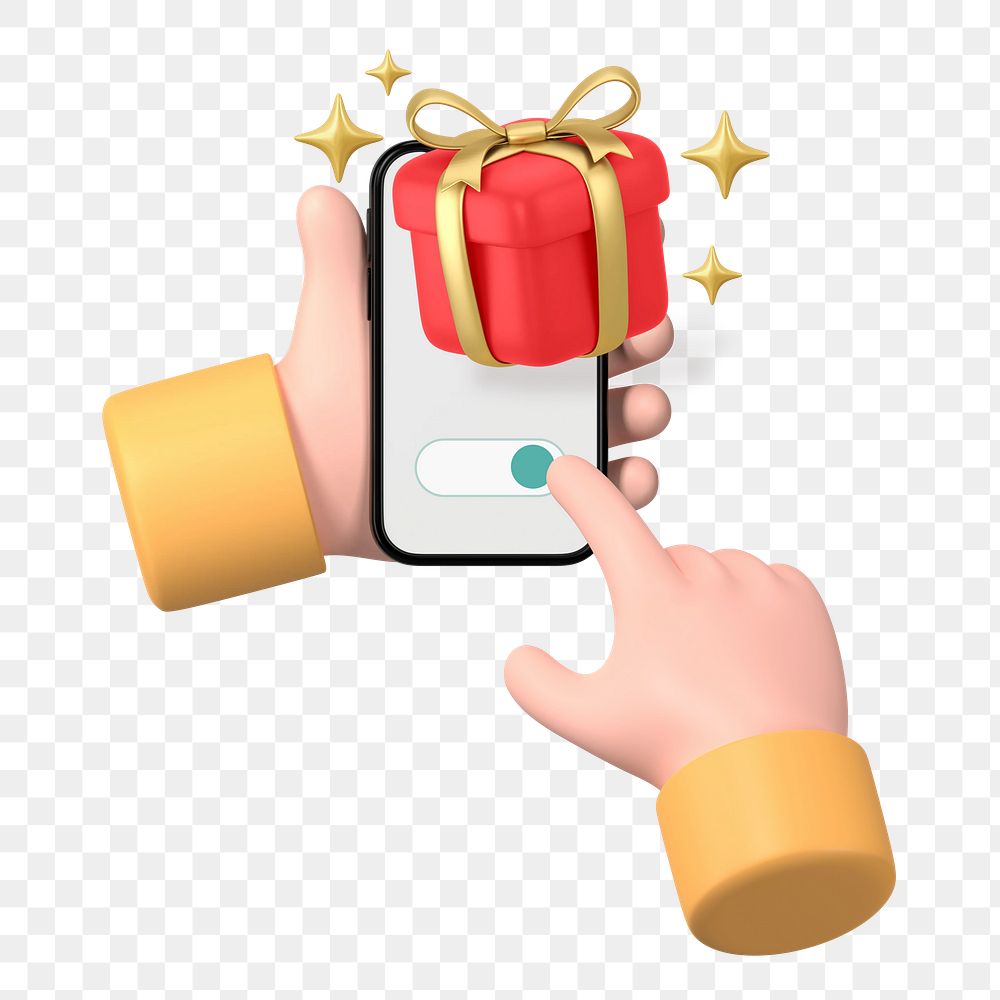 Online gift box png, 3D hand using smartphone remix, transparent background