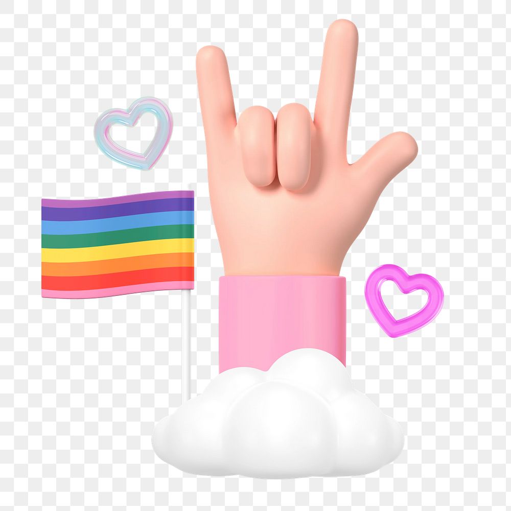 ILY hand sign png, pride flag, 3D LGBTQ remix, transparent background